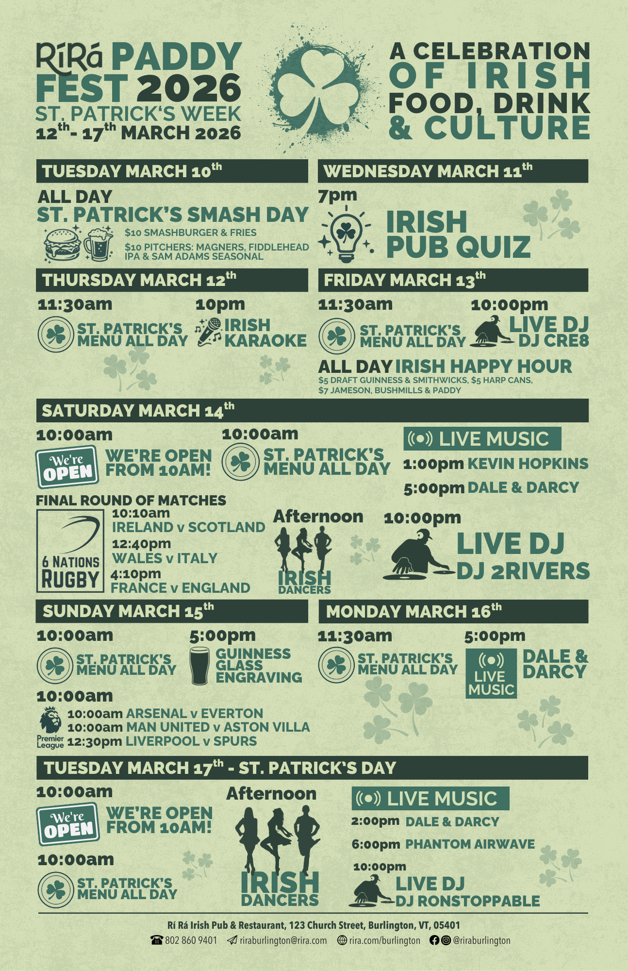Paddy Fest 2026. St. Patrick's Day 2026. Live Music & Events at Rí Rá Irish Pub, 123 Church Street, Burlington VT 05401