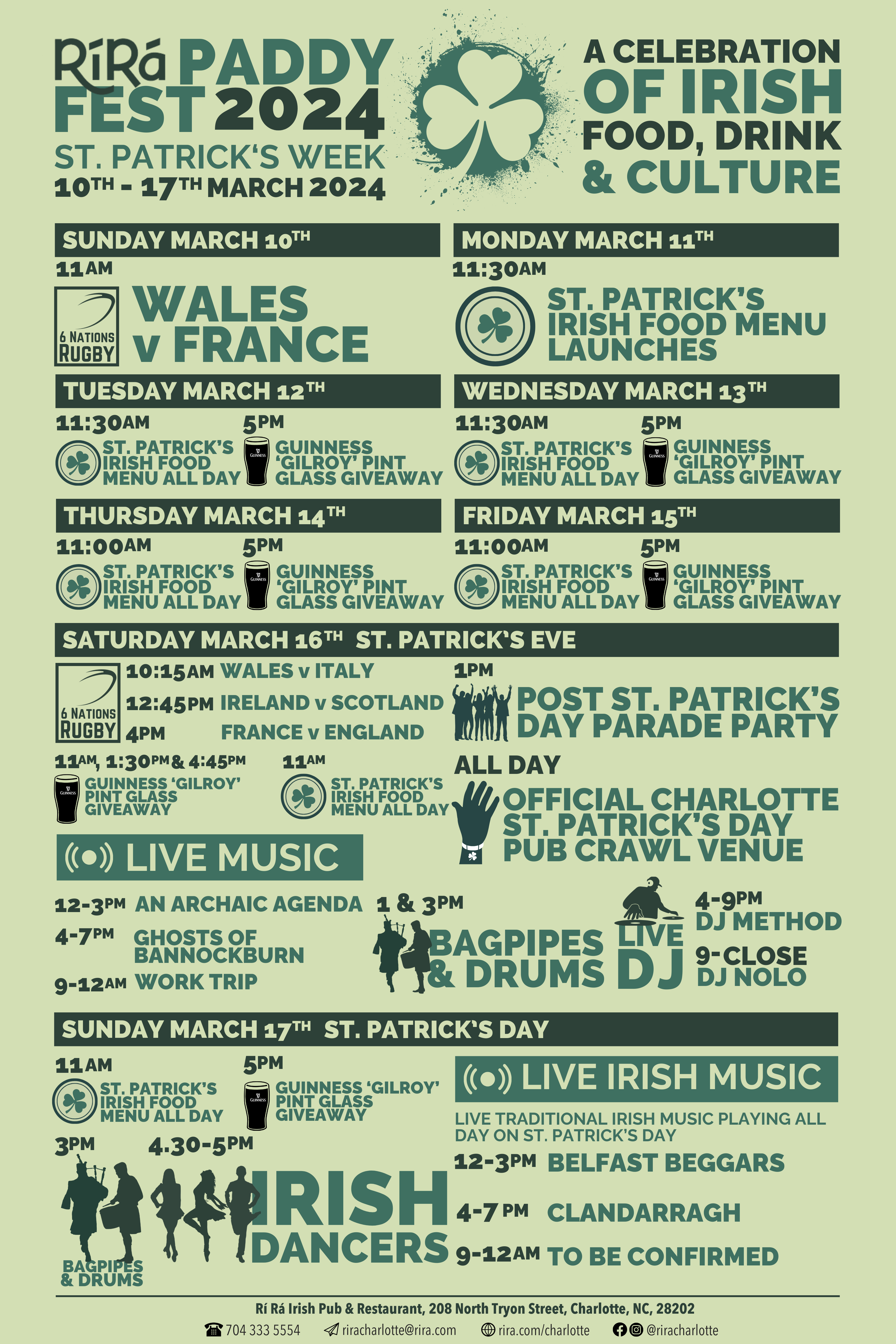 Paddy Fest 2024. St. Patrick's Day 2024. Live Music & Events. Rí Rá Irish Pub & Restaurant 208 North Tryon Street, Charlotte NC 28202