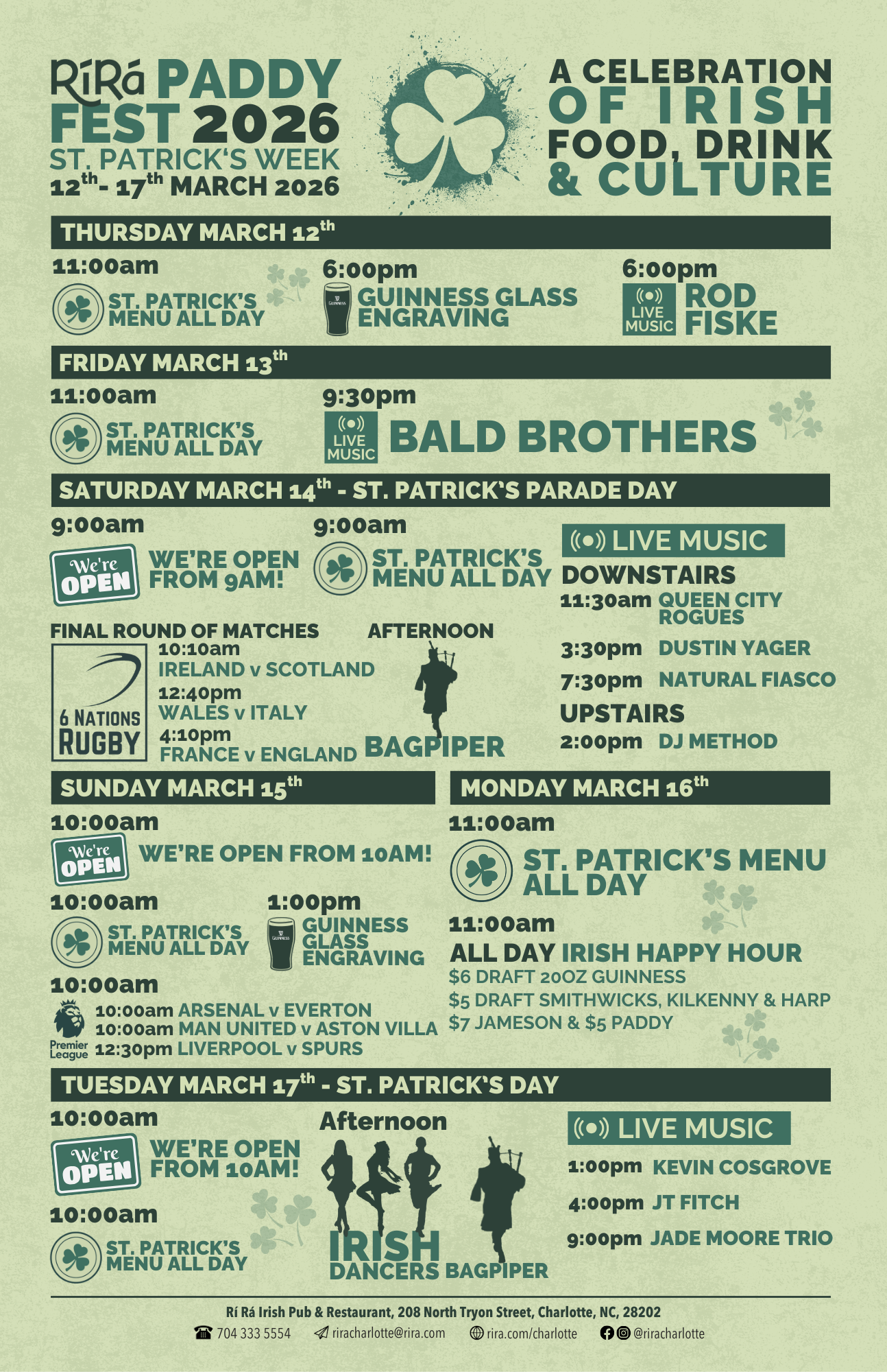 Paddy Fest 2026. St. Patrick's Day 2026. Live Music & Events at Rí Rá Irish Pub, 208 North Tryon Street, Charlotte NC 28202
