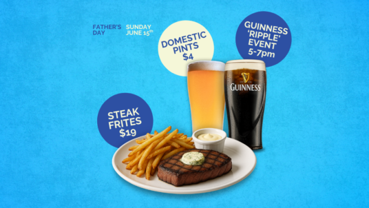 Celebrate Father's Day at Rí Rá Irish Pub, 208 North Tryon Street, Charlotte NC 28202. Steak Frites $19, Domestic Beer Pints $4
